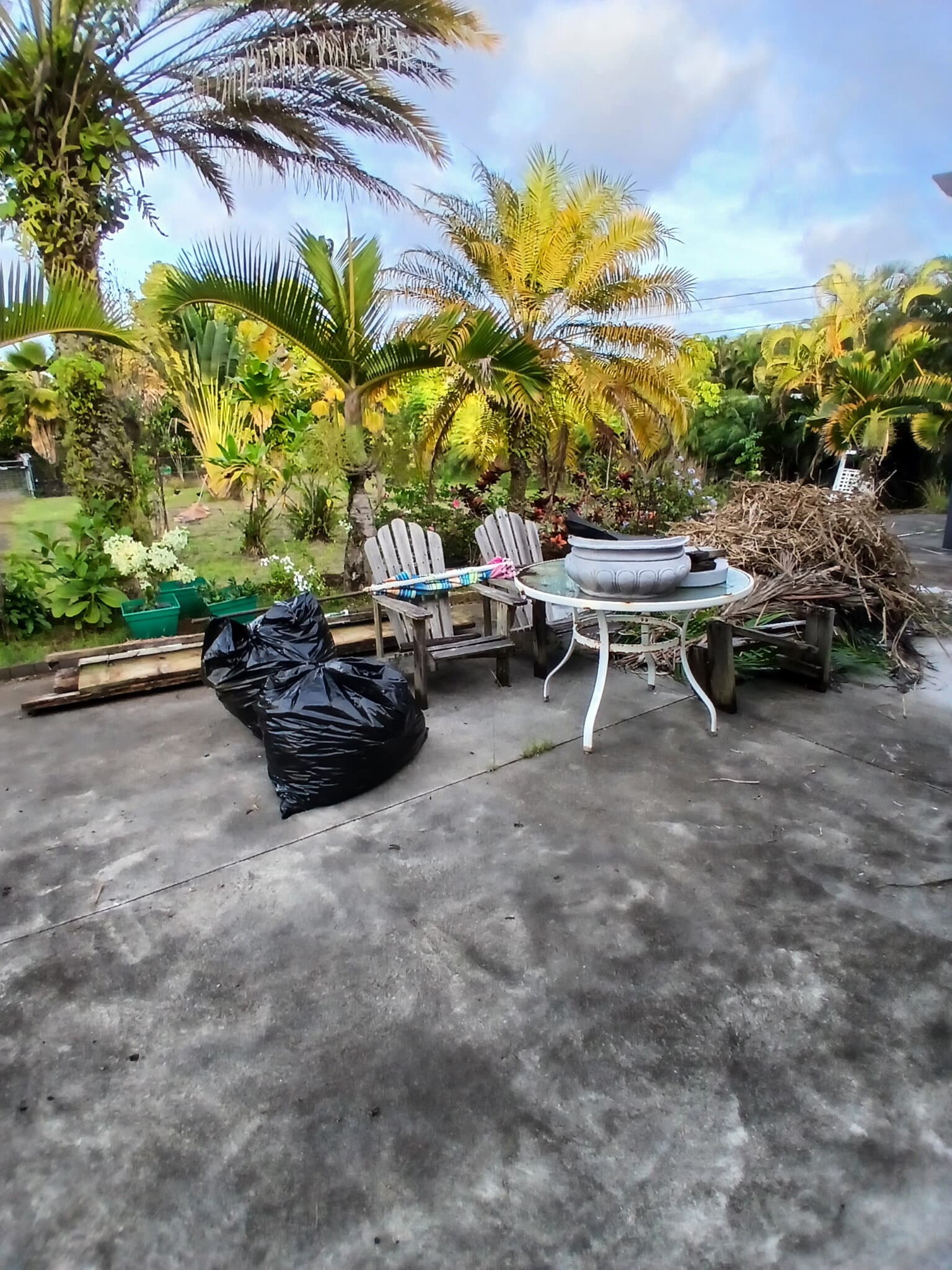 Hilo backyard patio with bagged debris and brush piled around the table before cleanout