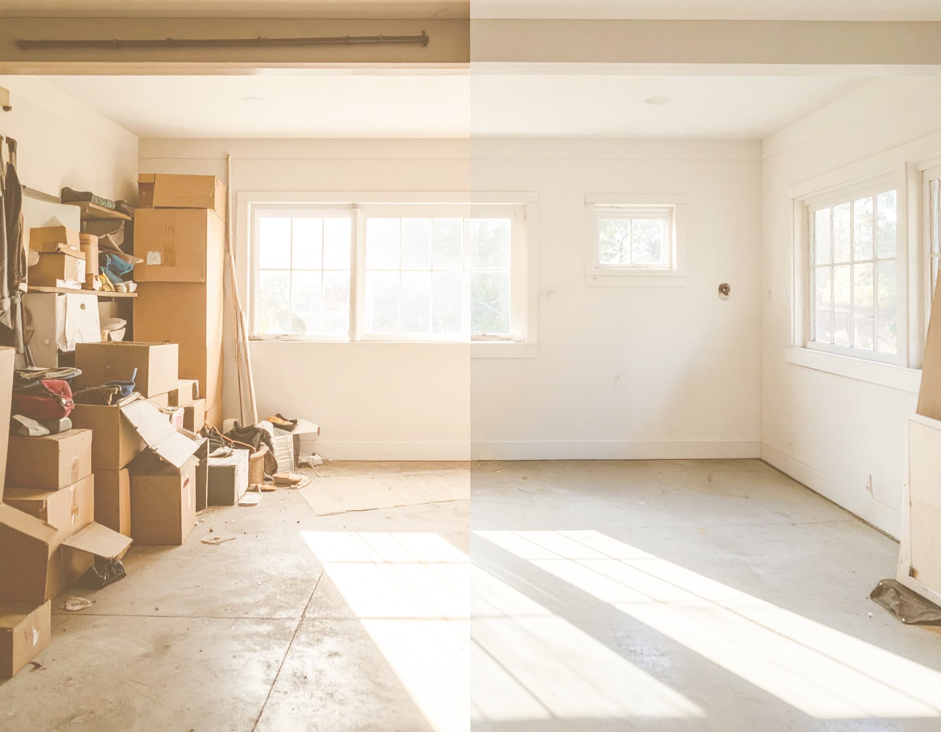 Before/after split image — room cluttered with boxes and debris cleared to a bright empty space by Hawaii Island Waste